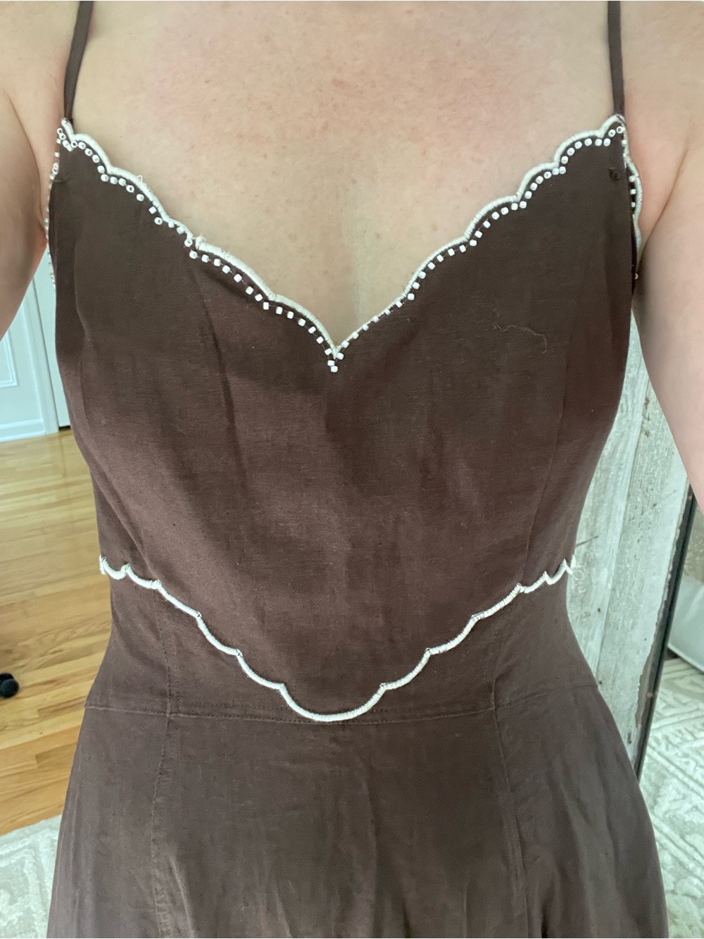 NWT Caroline Constas Brown Scallop-Trim Spaghetti-Strap Midi Dress || Size XS - Picture 5 of 8